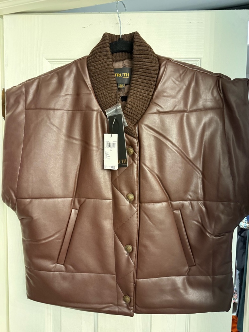 Truth Brown Faux Leather Padded Vest with Ribbed Collar